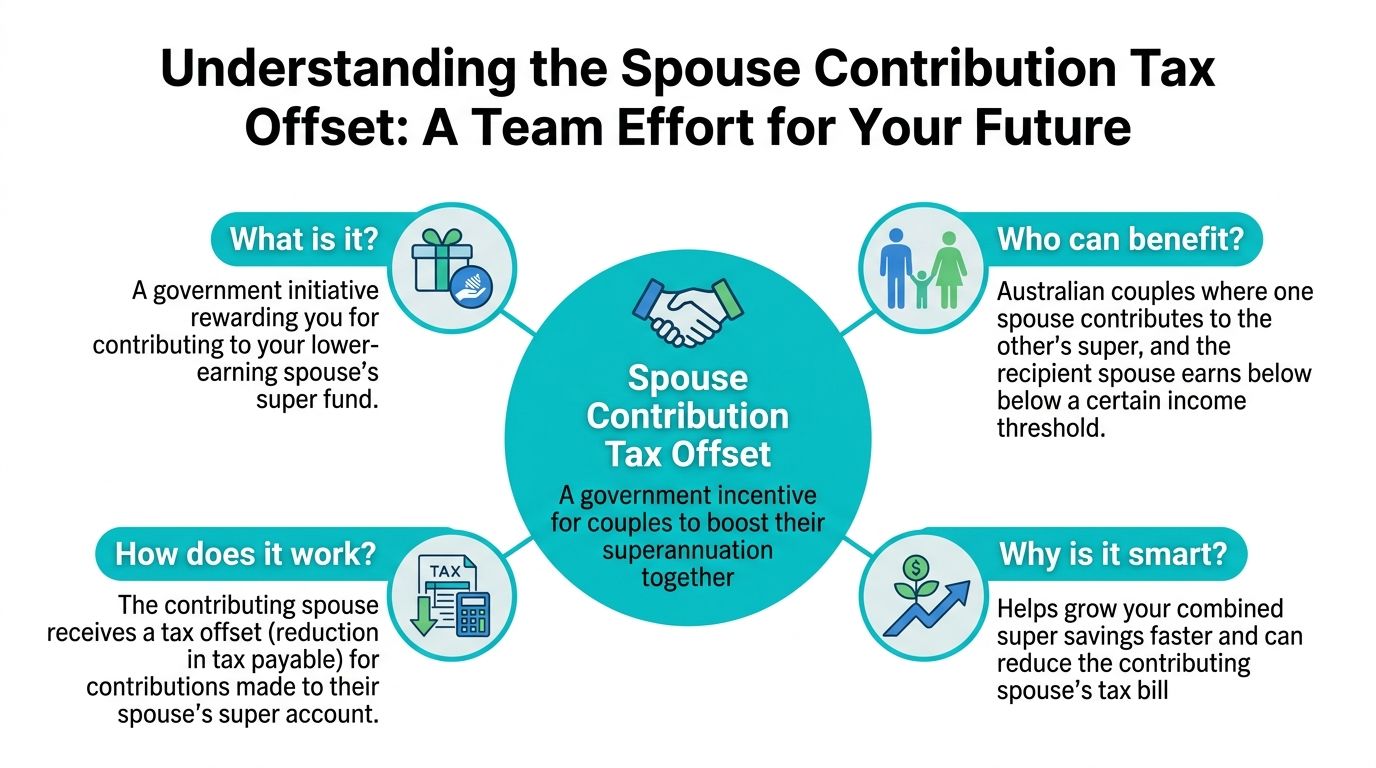A diagram explaining the Spouse Contribution Tax Offset, a government incentive for Australian couples to boost superannuation savings.