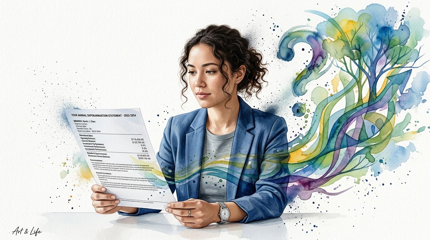 A professional woman reviews her annual superannuation statement as colorful abstract financial growth patterns emerge from the paper.