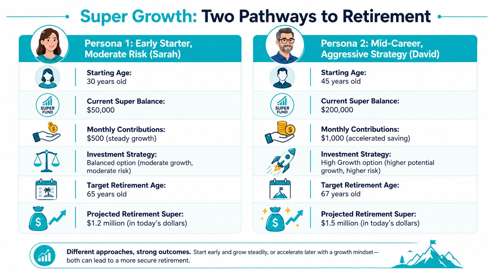 A comparison infographic showing two different paths to retirement for Sarah and David using superannuation.