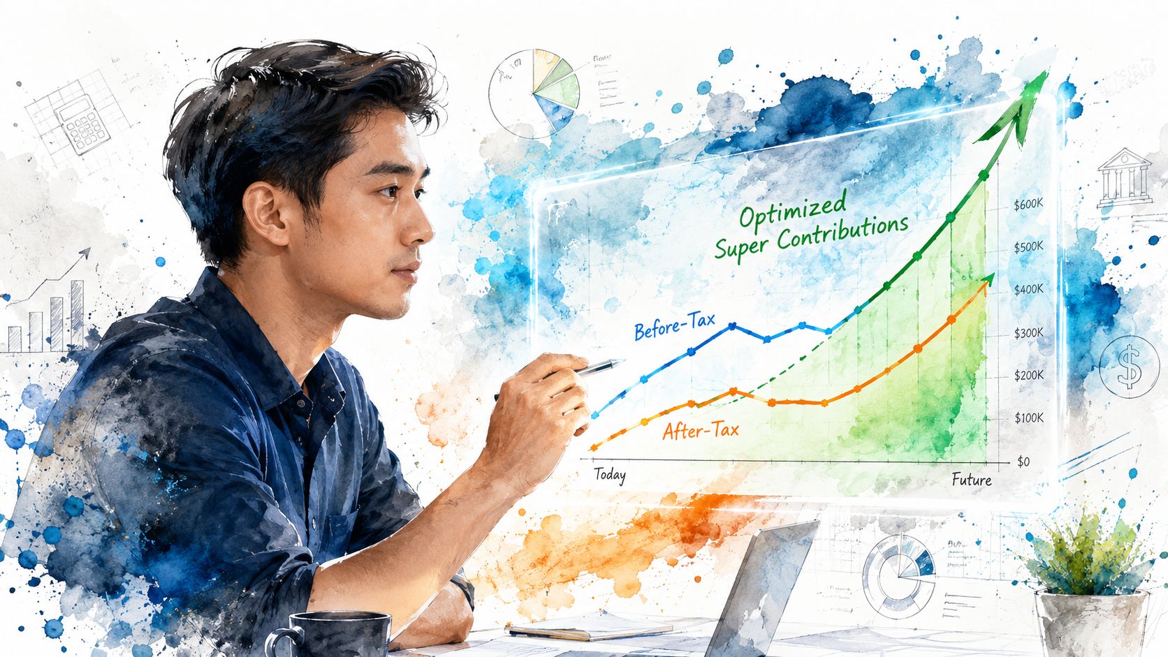 A person analyzing a growth chart representing optimized super contributions for financial planning.