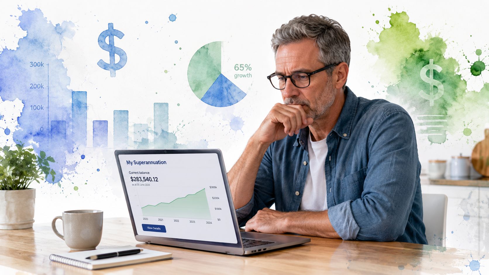 A middle-aged man reviewing his superannuation account growth on a laptop at a wooden desk.