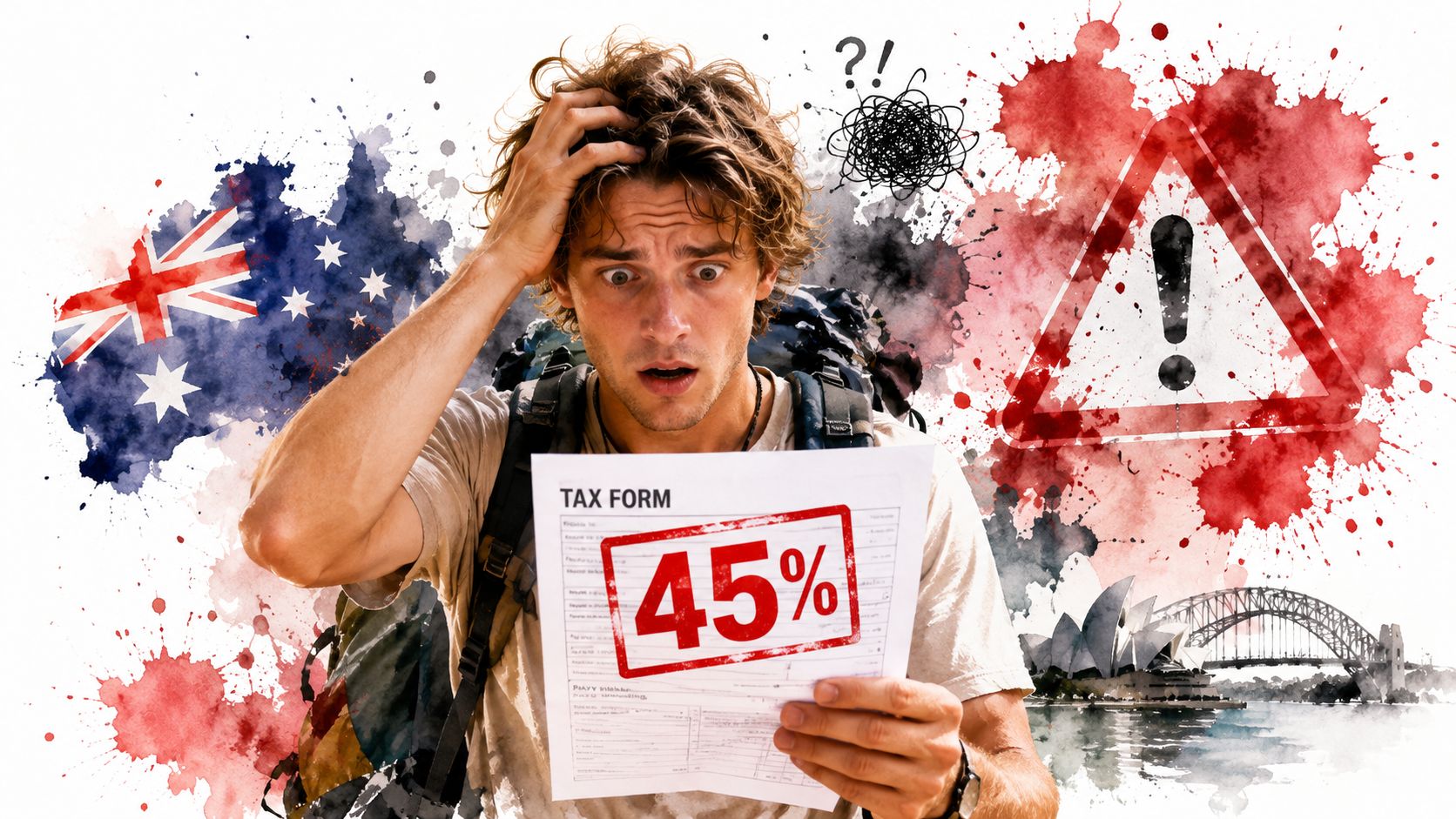 A distressed backpacker holding a tax form with 45% stamped on it, featuring Australian symbols.