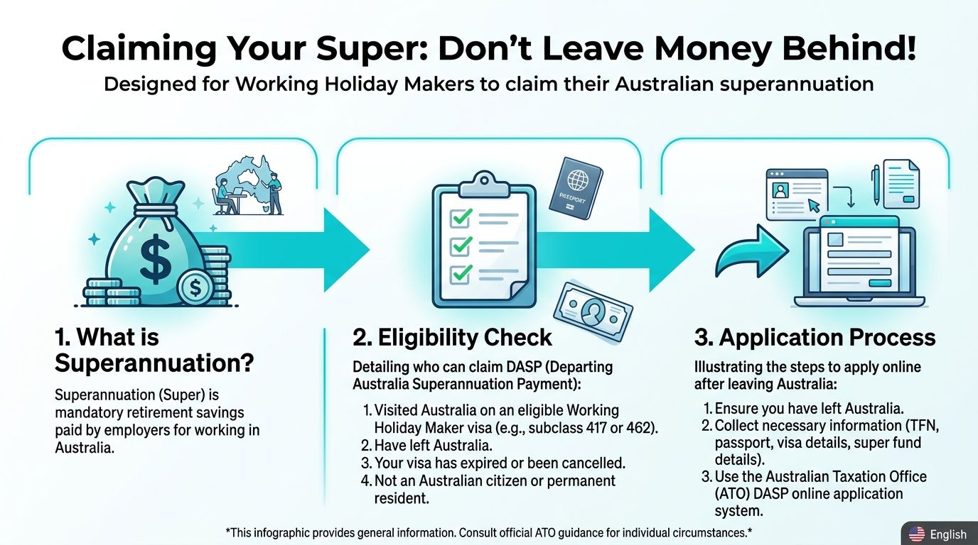 An infographic explaining how Working Holiday Makers can claim their Australian superannuation, eligibility, and application steps.