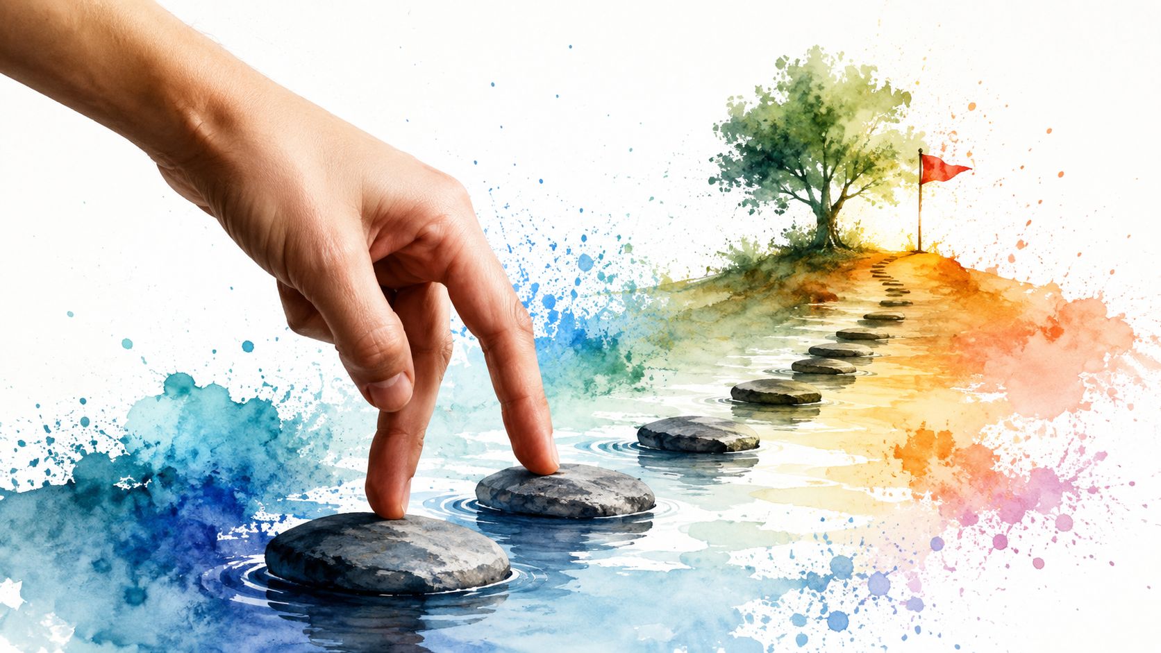 A conceptual watercolor illustration showing fingers walking across stepping stones towards a tree and goal flag.
