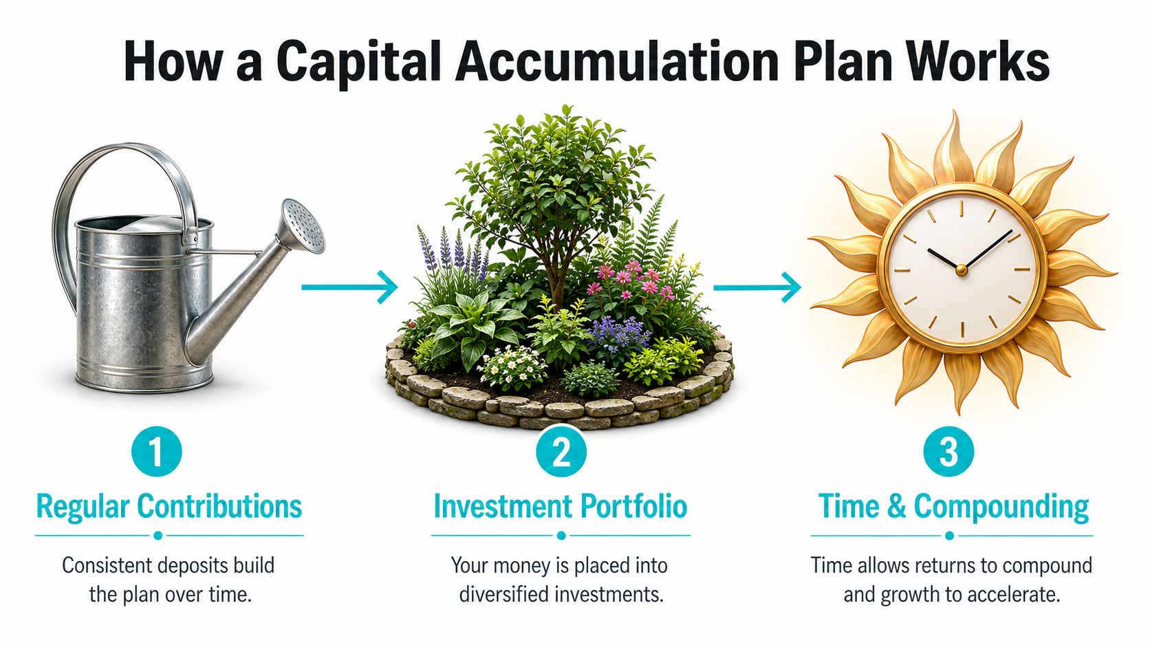 An infographic illustrating how a capital accumulation plan works through regular contributions, investment portfolios, and compounding time.