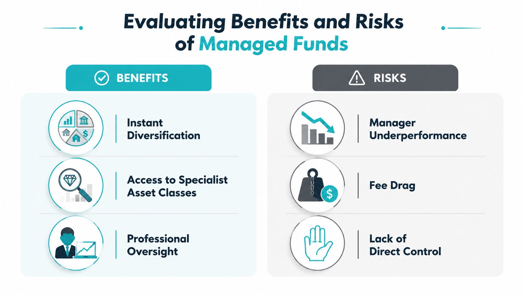 An infographic comparing the key benefits and potential risks associated with investing in managed funds.