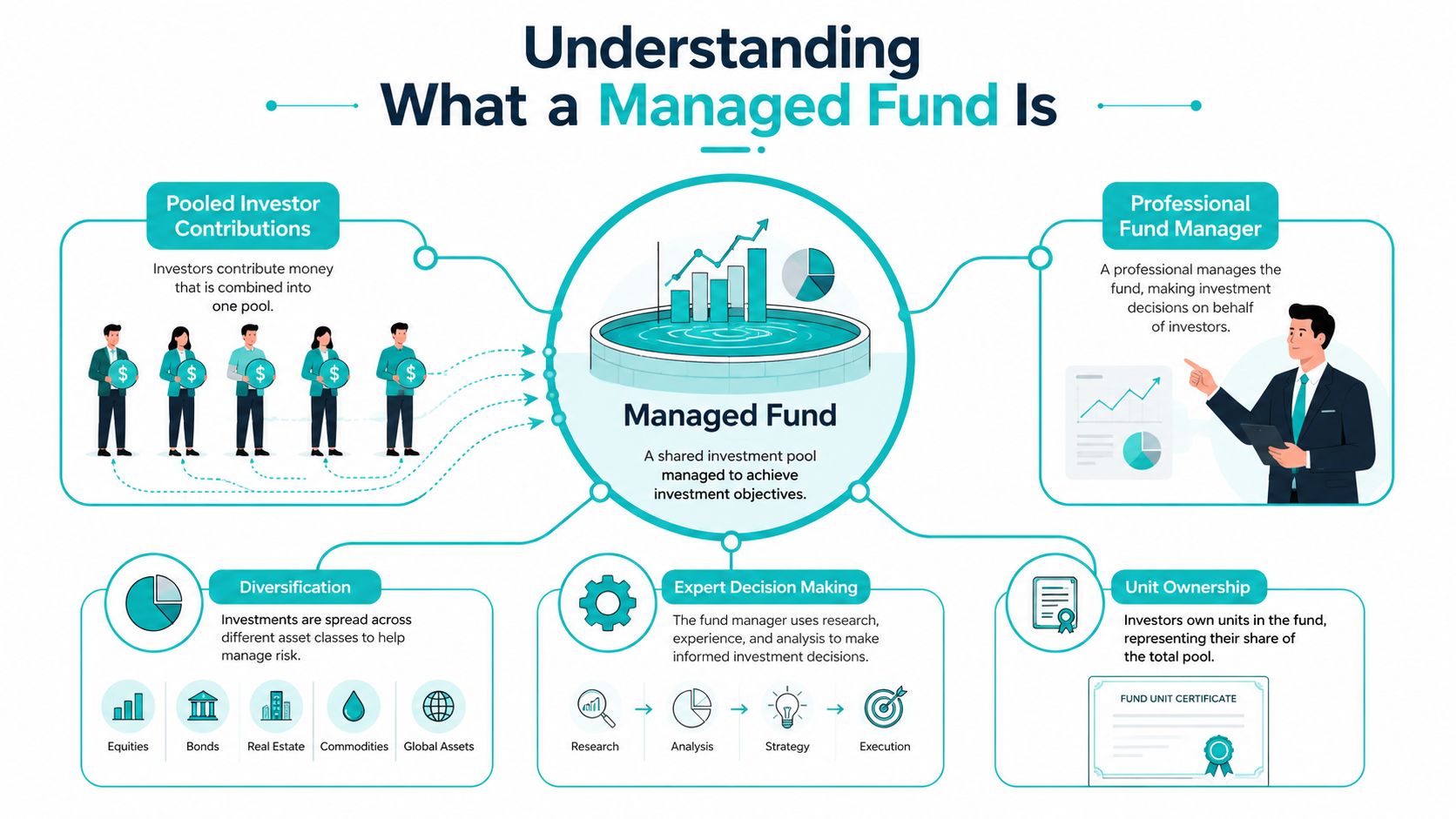An infographic explaining a managed fund, showing investor contributions, professional management, diversification, expert decision making, and unit ownership.