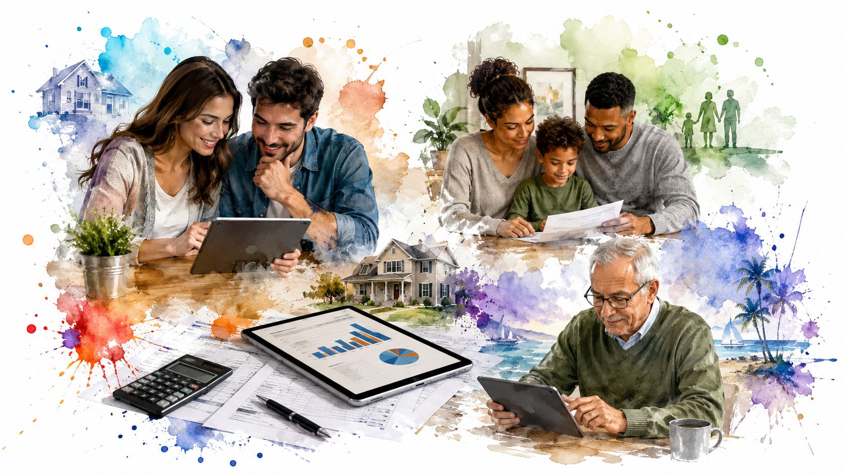 Families and a senior looking at financial charts, tablets, and mortgage documents for home refinancing planning.