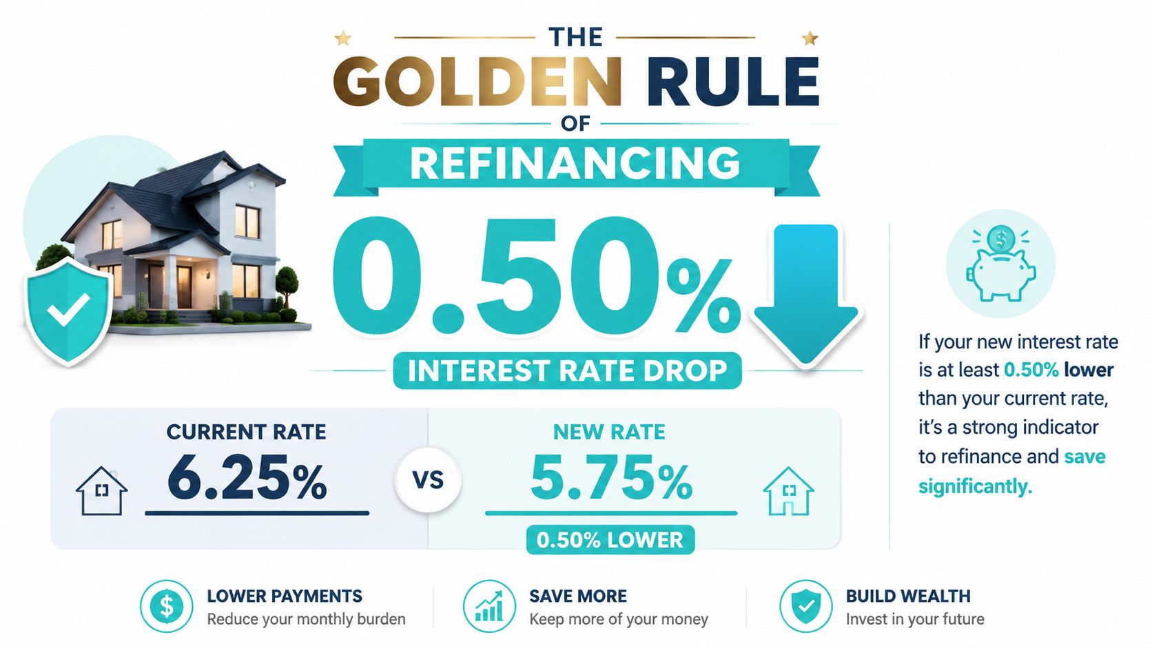 An infographic explaining the golden rule of refinancing your mortgage by achieving a 0.50% interest rate reduction.