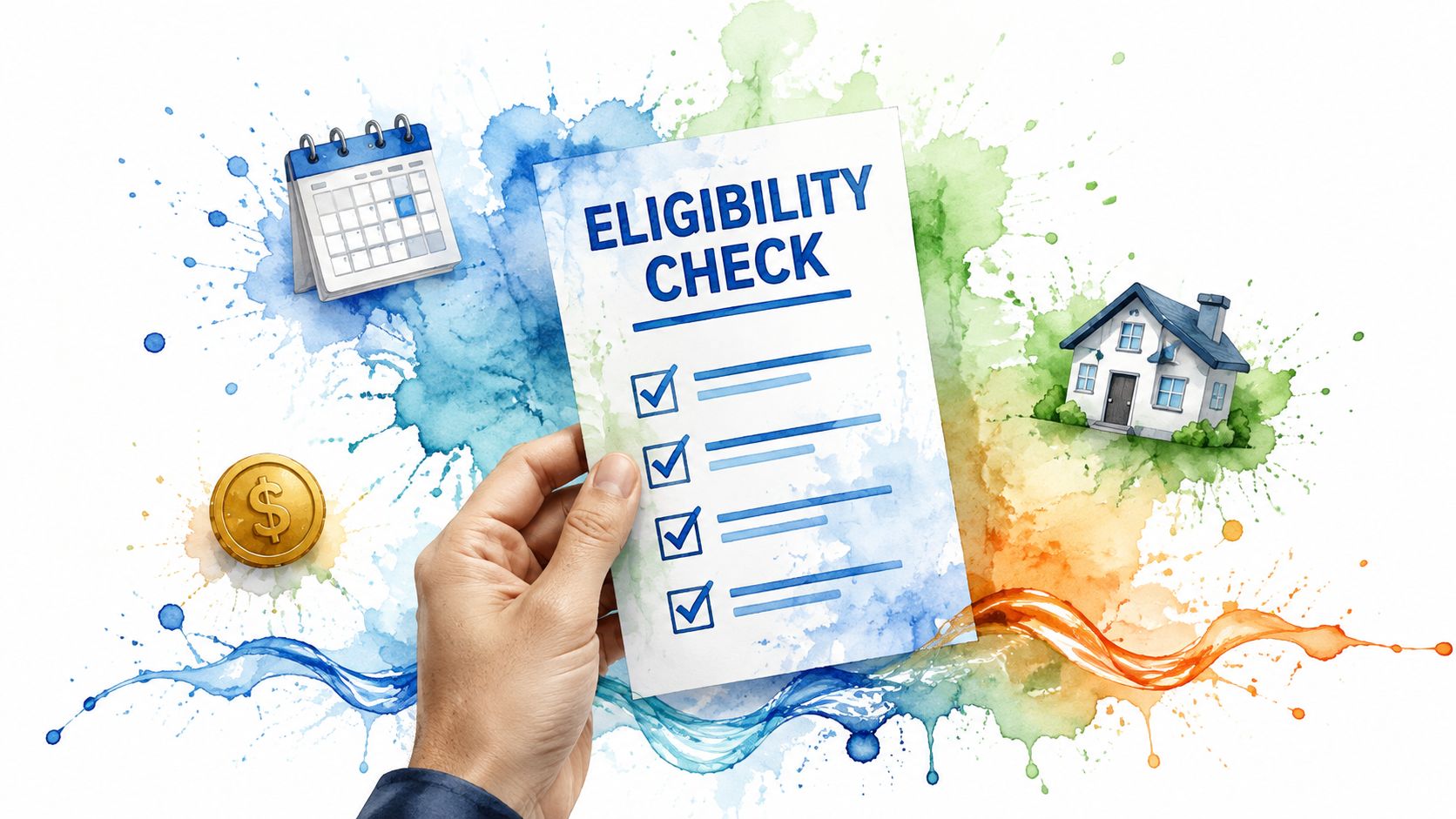 A hand holds an eligibility check form with checkboxes, featuring icons of a calendar, money, and a house.