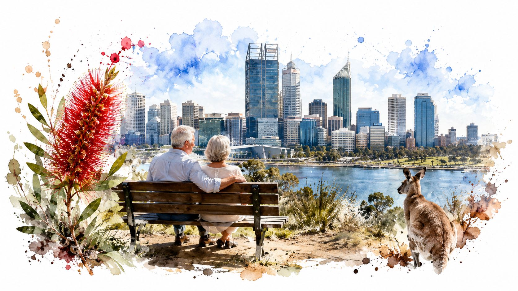An elderly couple sitting on a park bench overlooking the Perth city skyline with a kangaroo nearby.