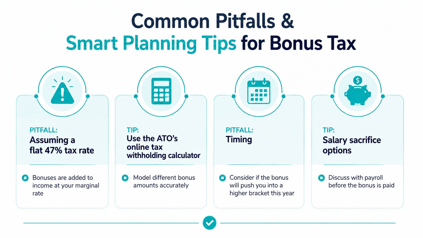 An infographic showing common pitfalls and smart planning tips for calculating tax on employee bonuses.