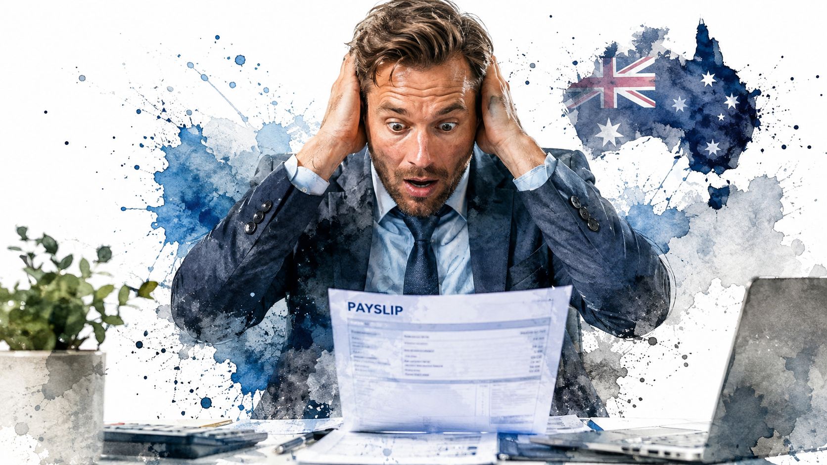 A stressed businessman looking shocked while reviewing his payslip with the Australian map in the background.