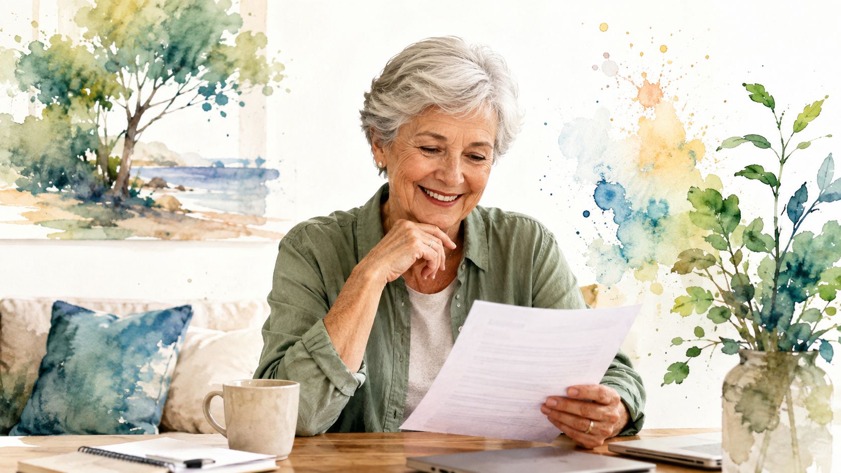A happy senior woman sitting at a desk reviewing important documents while drinking a cup of coffee.