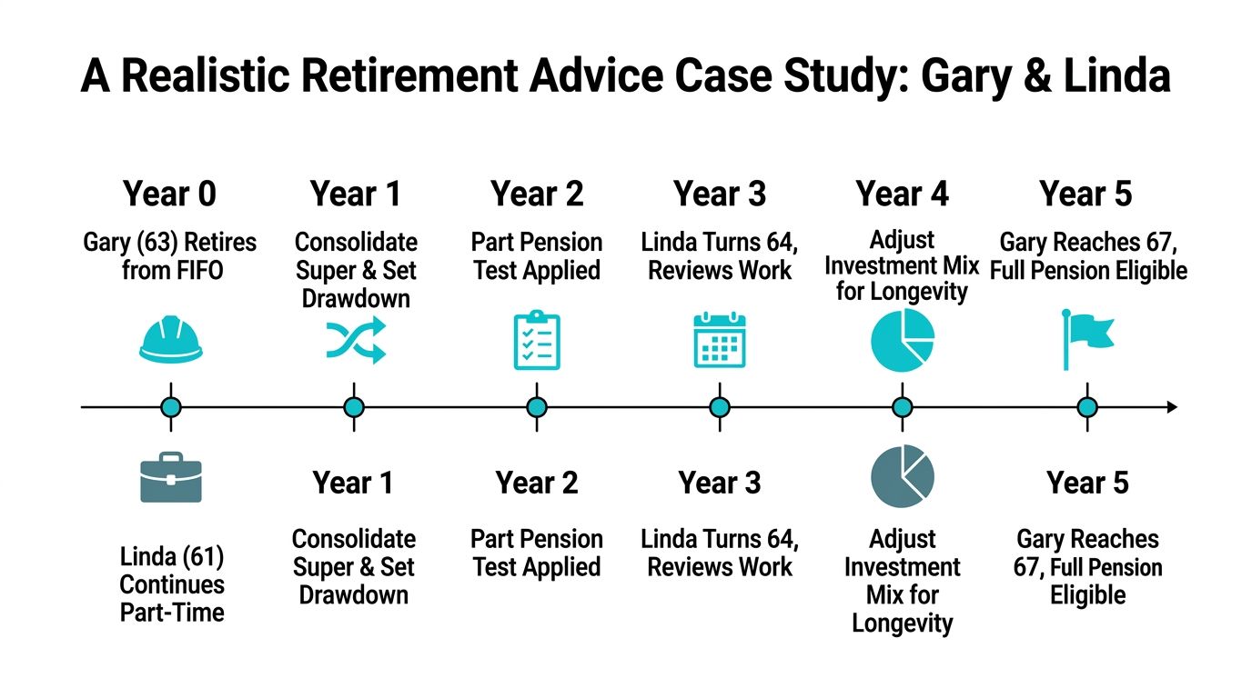 A timeline chart illustrating a realistic retirement financial advice case study for a couple named Gary and Linda.