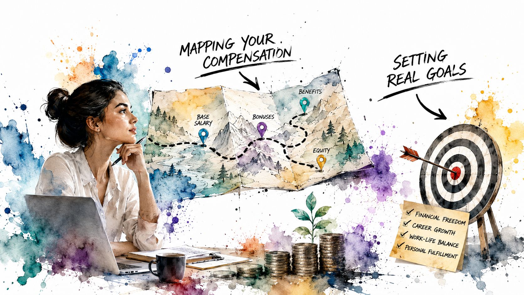 A professional woman planning her career and finances, looking at a conceptual map of compensation and goals.