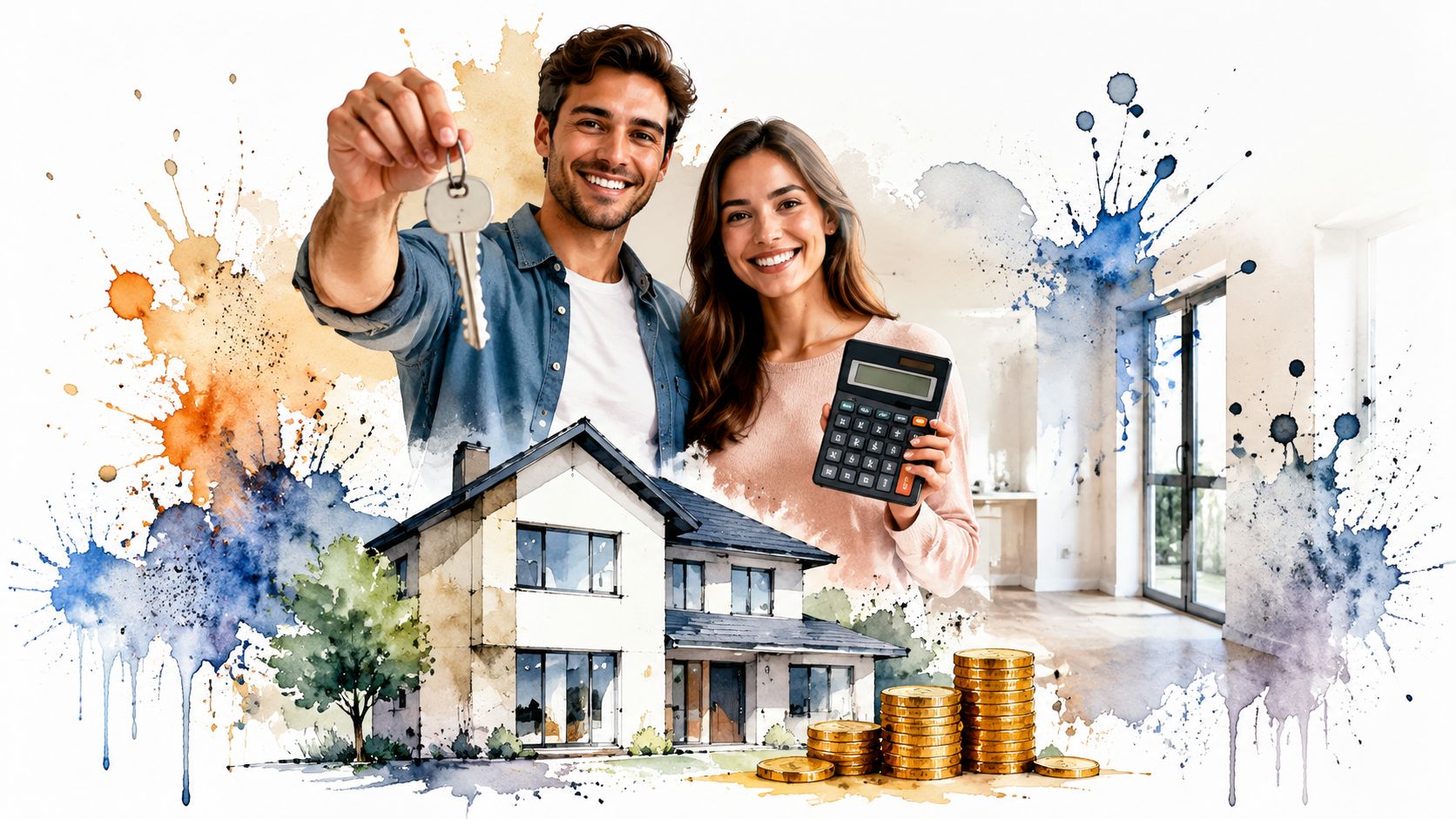 A happy couple holding keys and a calculator next to a sketch of a new house.