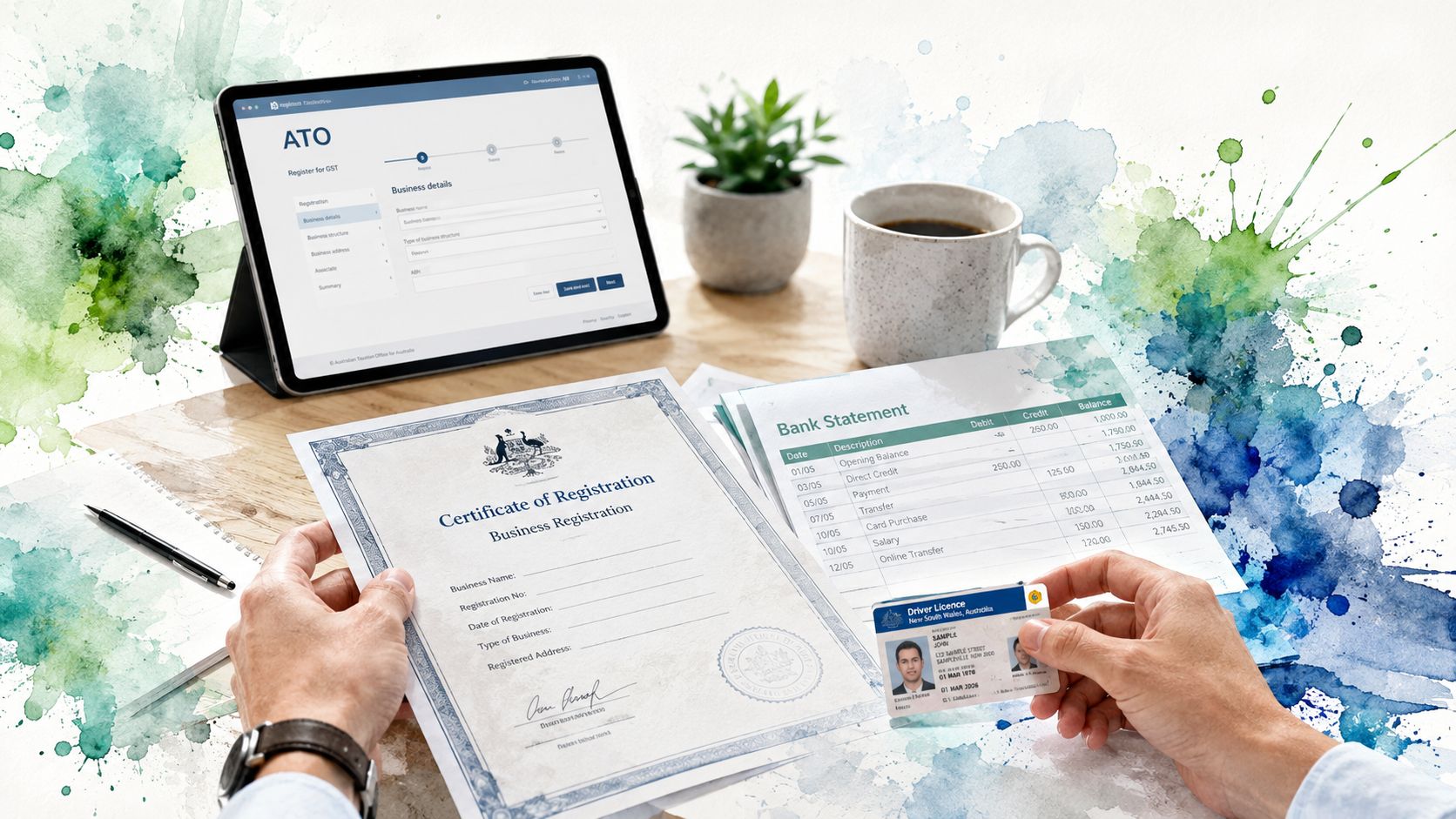 A person holding a business registration certificate and driver license next to a tablet and bank statement.