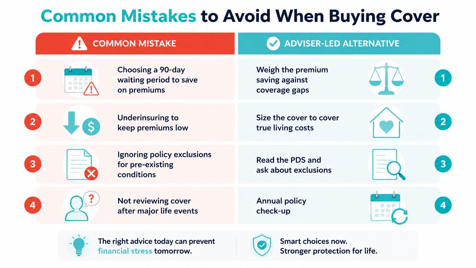 A comparison chart outlining four common mistakes when buying insurance and their recommended adviser-led alternatives.
