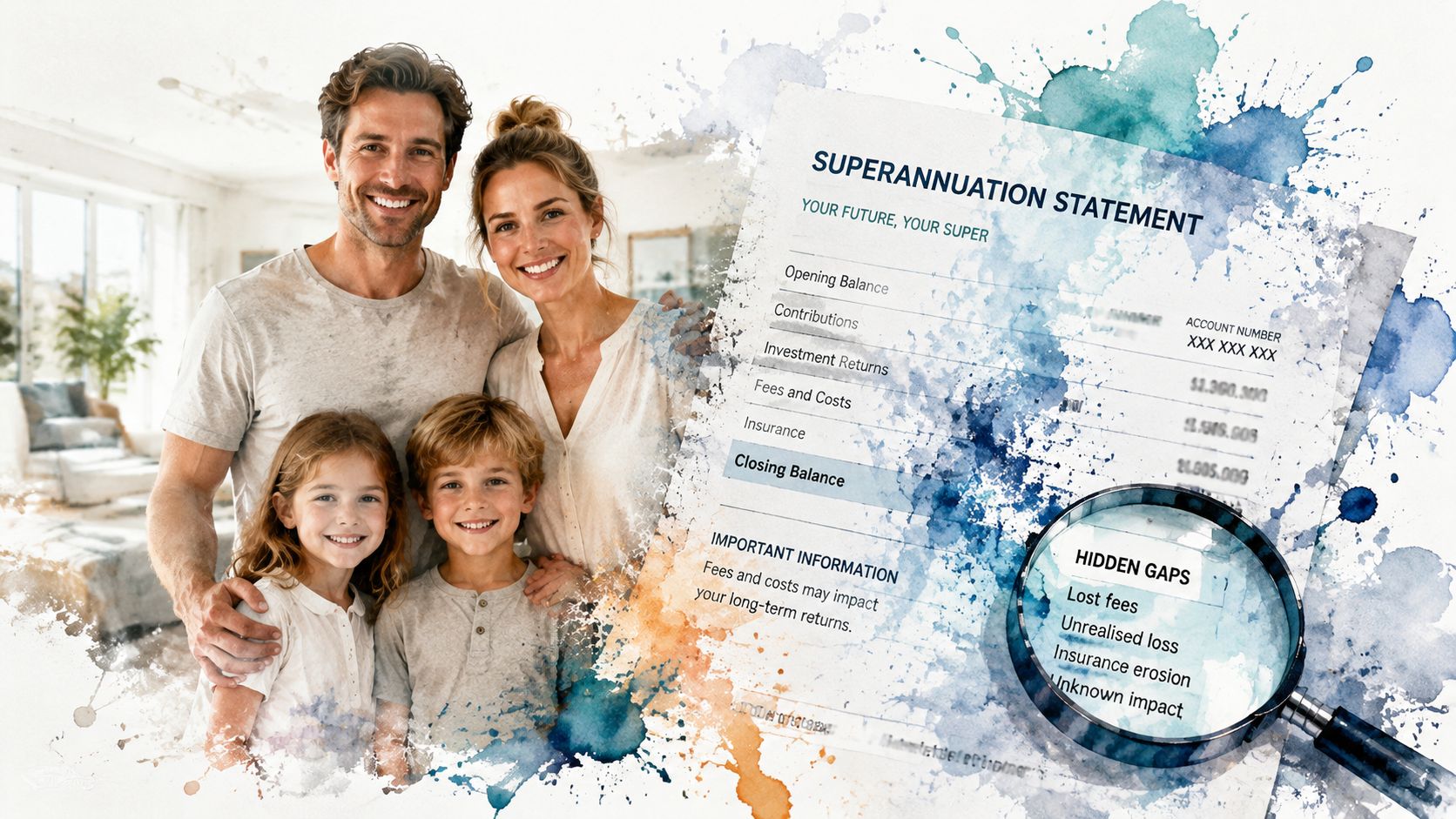 A happy family posing together next to a superannuation statement document featuring a magnifying glass highlighting hidden financial gaps.