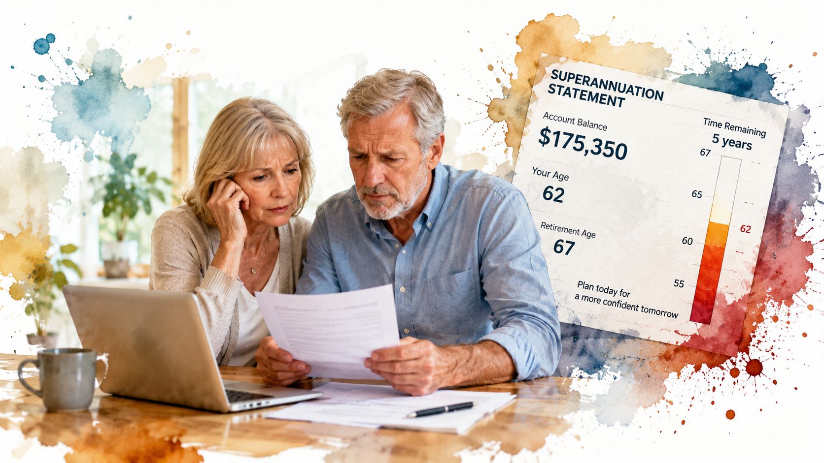 An elderly couple sits at a wooden table reviewing their superannuation statement together on a laptop.