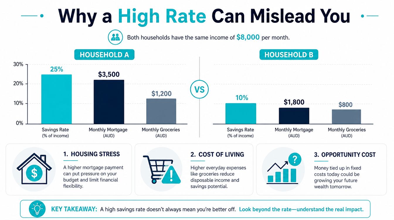 A financial infographic comparing two households to show why a high savings rate can be misleading.