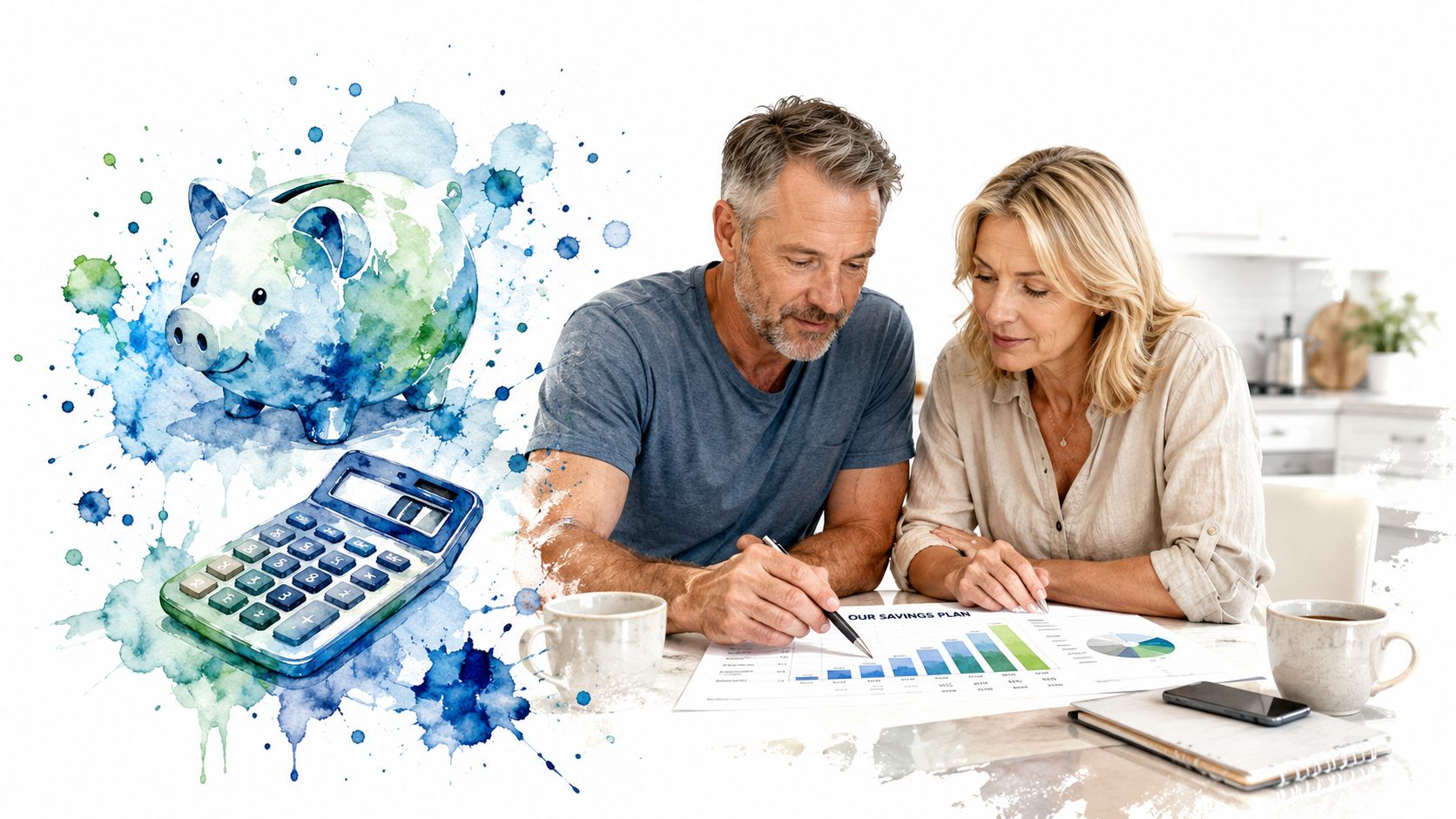 A mature couple sitting at a table reviewing a savings plan document with a calculator and piggy bank.