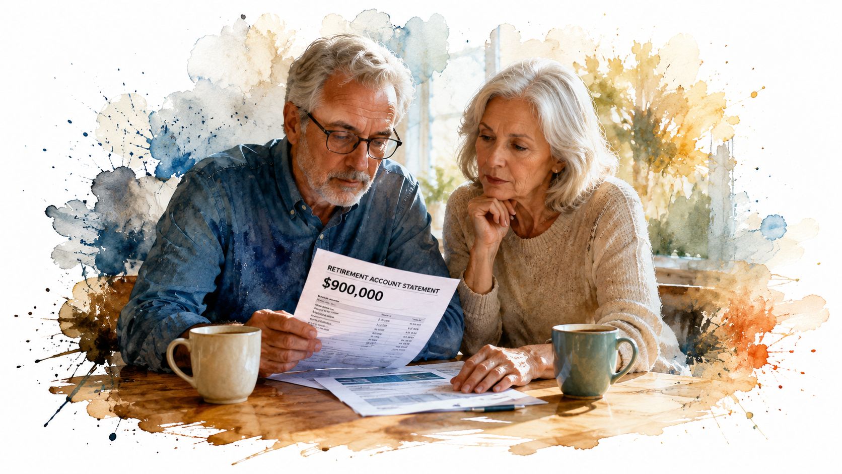 An elderly couple sitting at a wooden table reviewing their retirement account statement with concern.