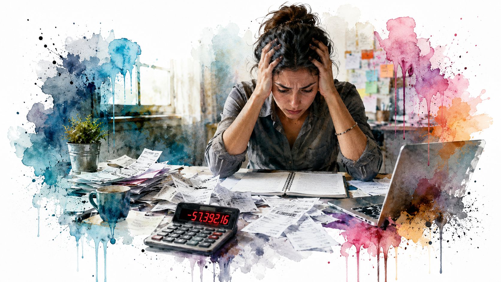 A stressed woman sitting at a desk surrounded by papers, calculator, and laptop, feeling financial pressure.