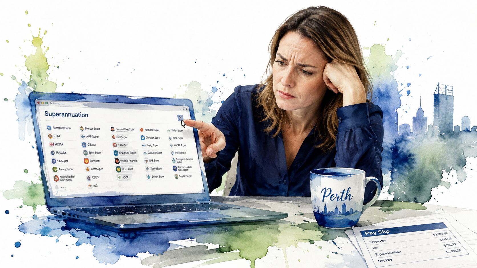 A woman looks concerned while browsing various superannuation investment options on her laptop screen in an office.