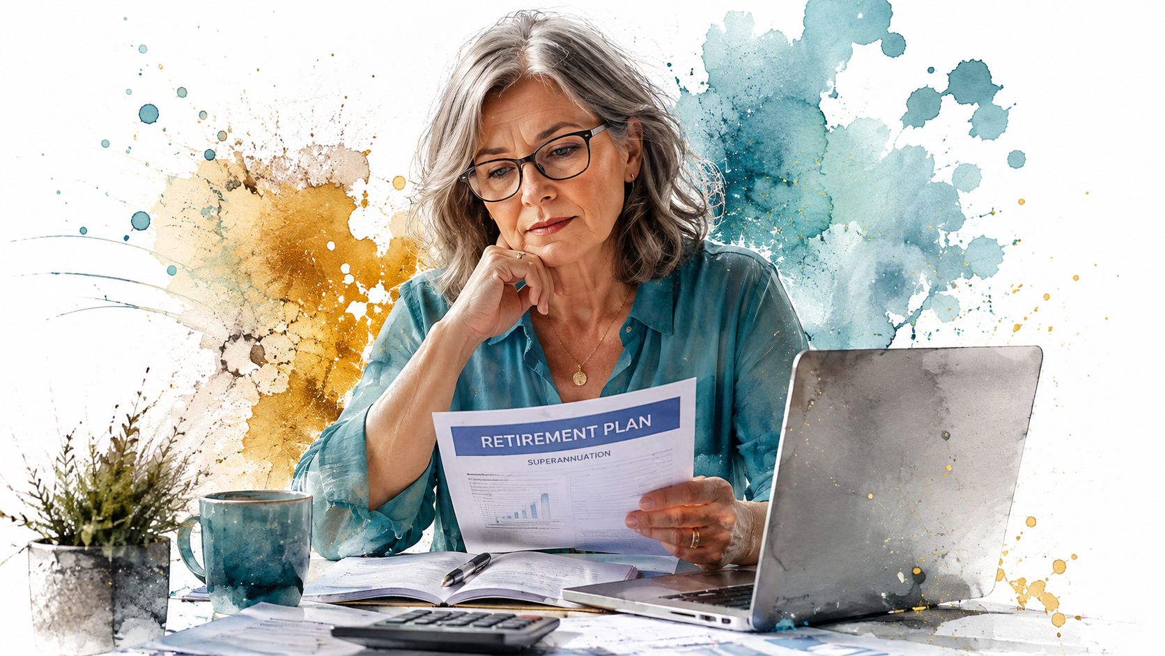 A concerned mature woman reviewing her retirement plan documents while sitting at a desk with a laptop.