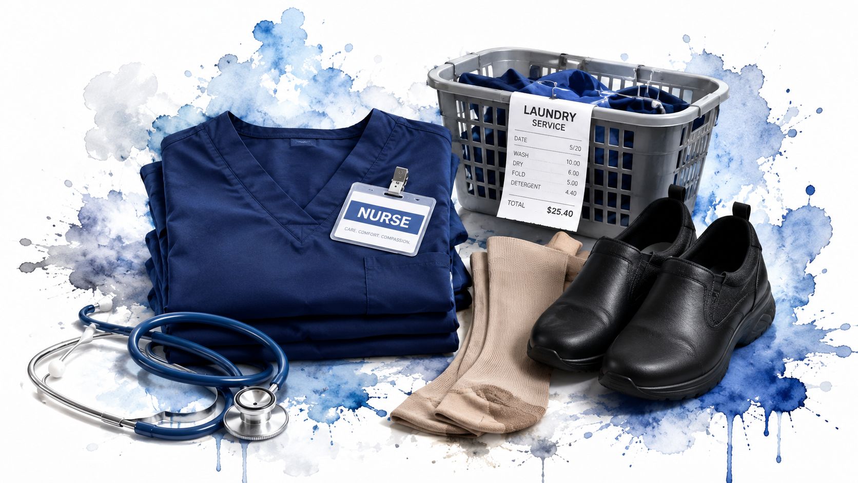 A neatly folded set of navy blue nursing scrubs, a stethoscope, compression stockings, shoes, and a laundry basket.