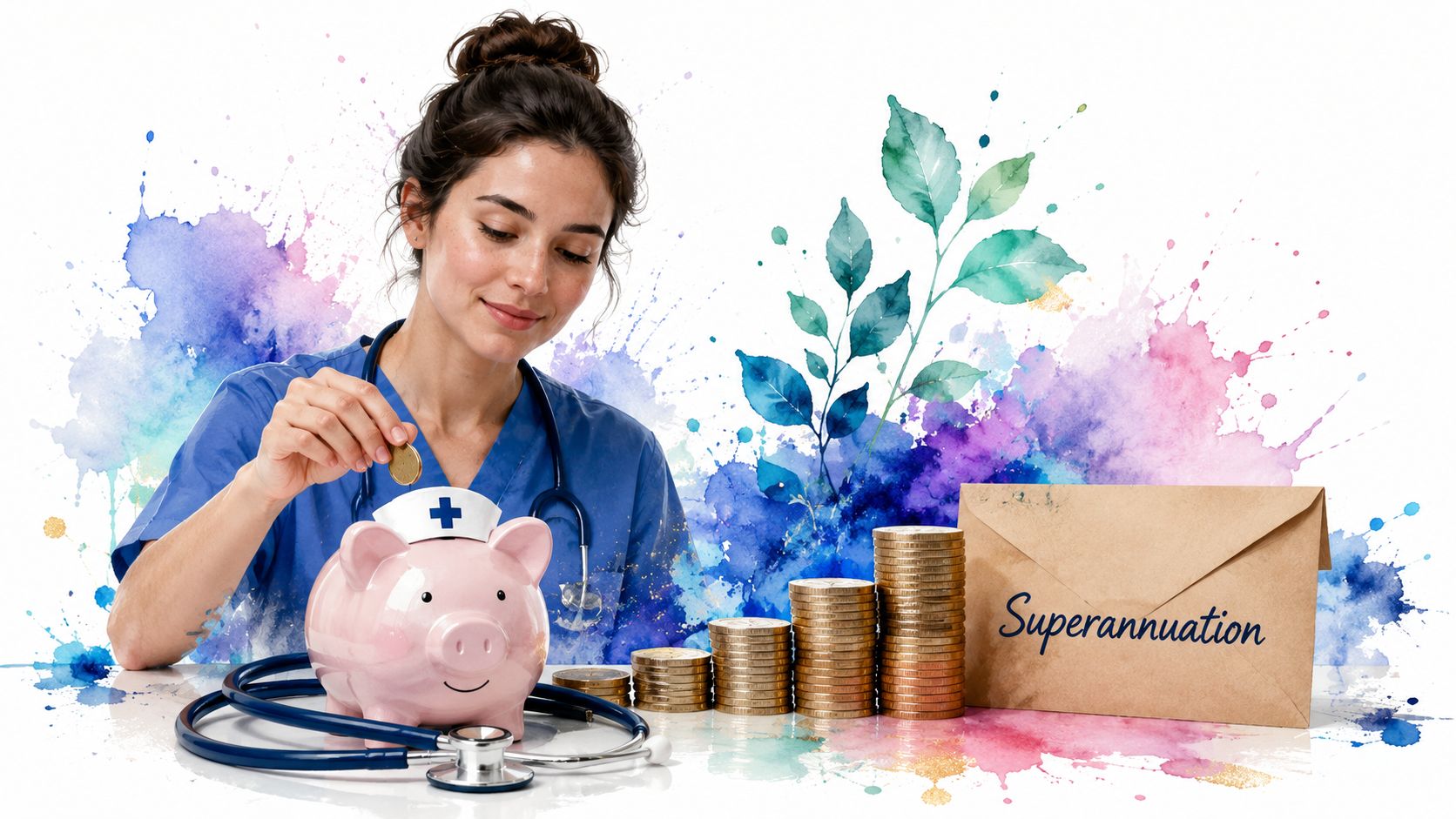 A female nurse in blue scrubs putting a coin into a piggy bank labeled for superannuation savings.