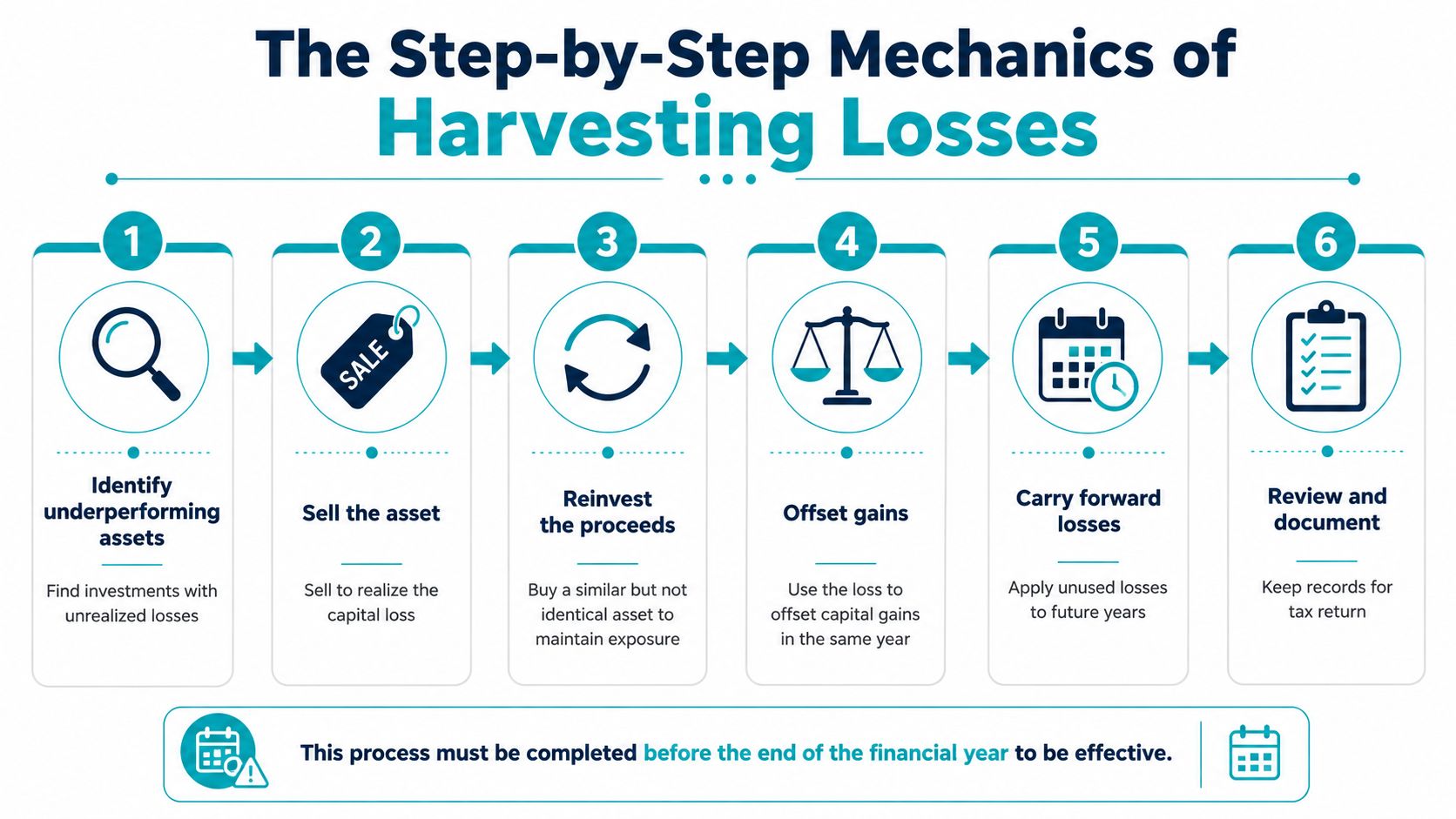 A six-step infographic detailing the step-by-step process of tax loss harvesting for investment portfolios.