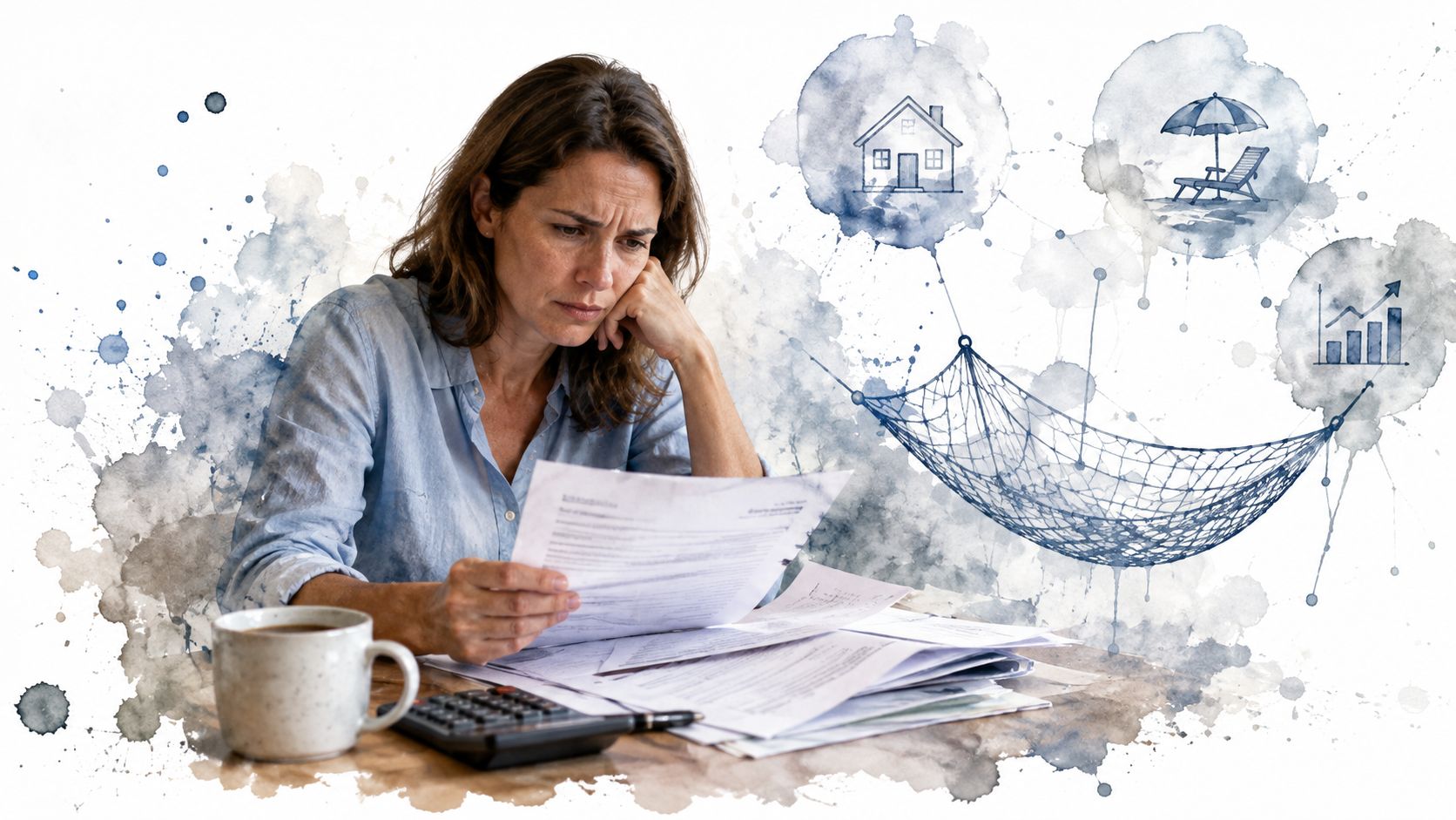 A concerned woman sitting at a table with financial documents, reflecting on total and permanent disability cover.