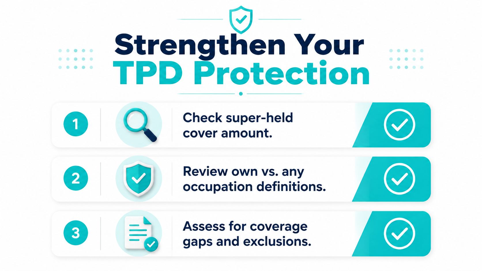 An infographic titled Strengthen Your TPD Protection with three numbered steps for reviewing disability insurance coverage.