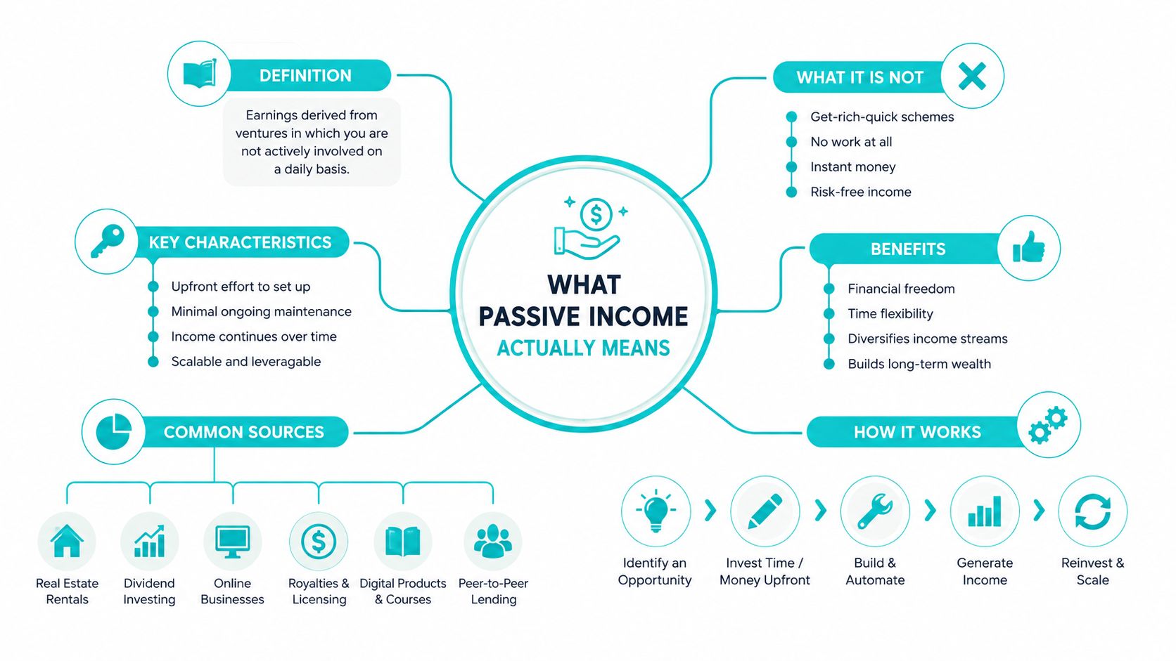 A comprehensive mind map diagram explaining the concept, characteristics, benefits, and common sources of passive income.