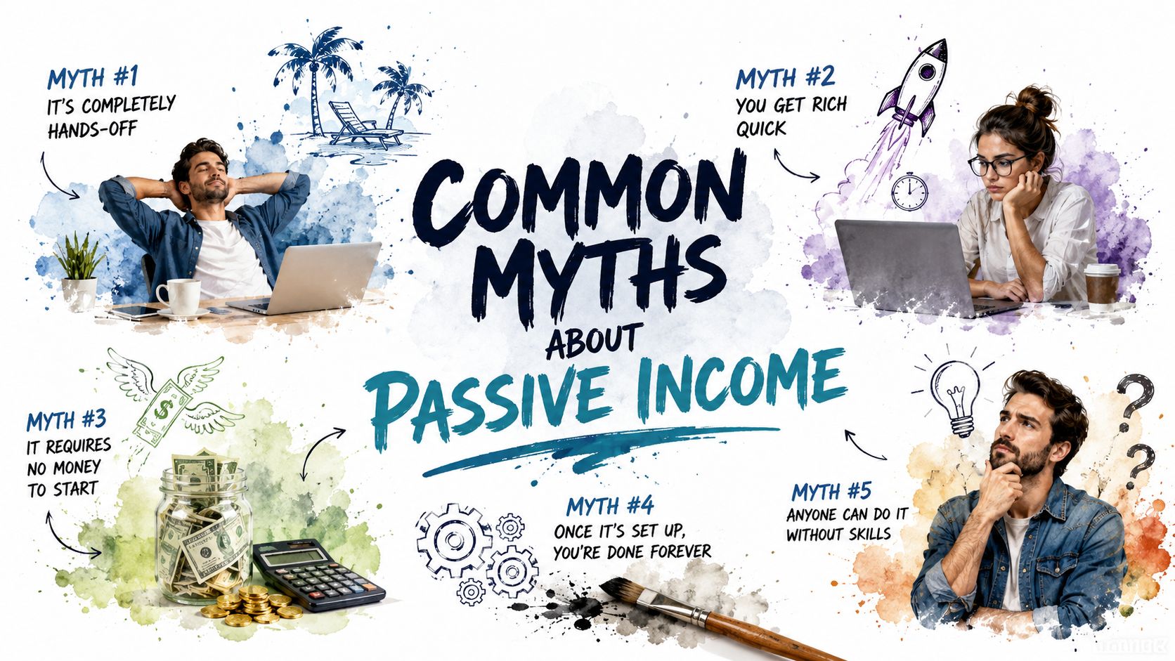 An infographic illustrating five common misconceptions about passive income with images of people and business icons.