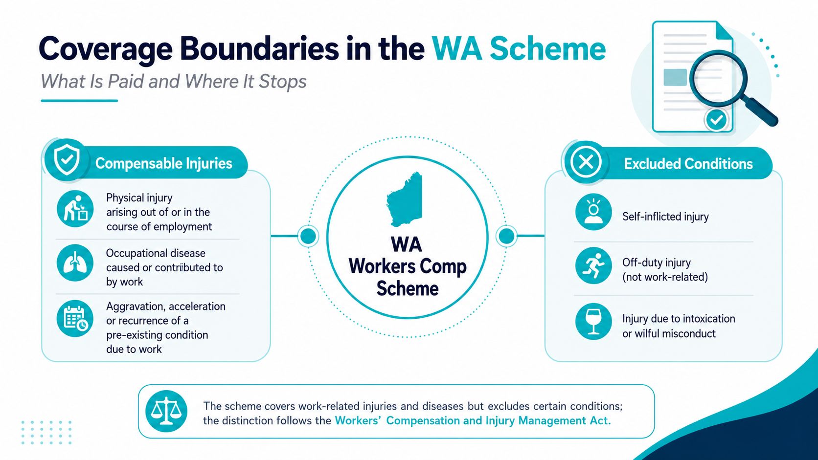 An infographic showing compensable injuries and excluded conditions under the Western Australia workers compensation scheme.