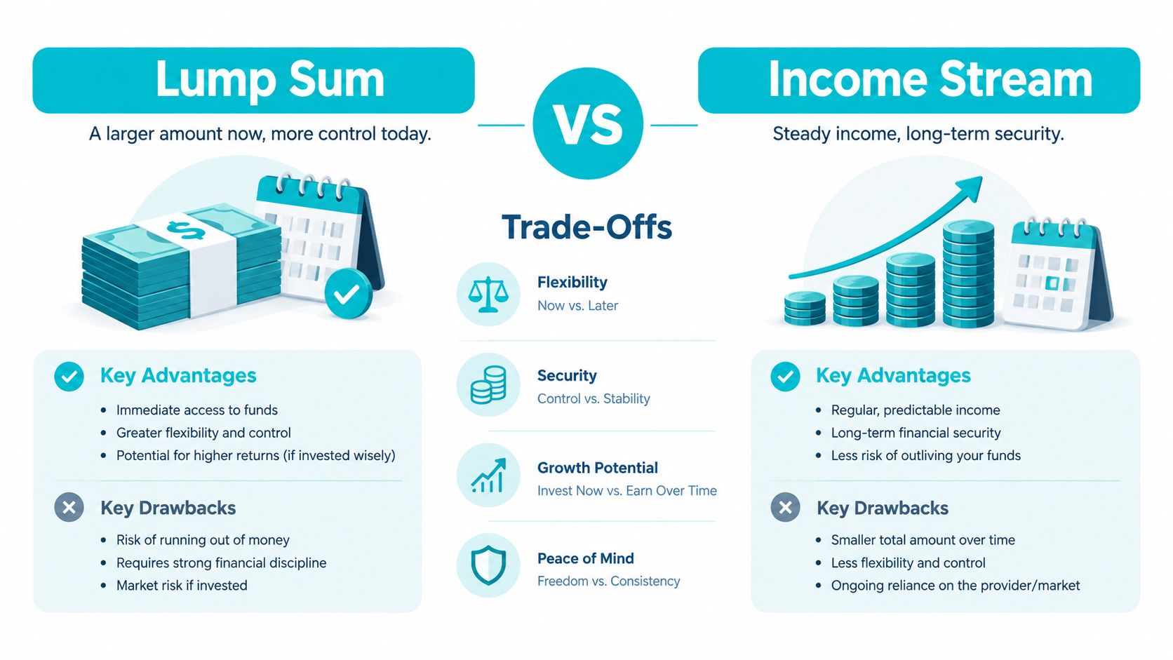An infographic comparing the pros and cons of receiving a lump sum payment versus an income stream.