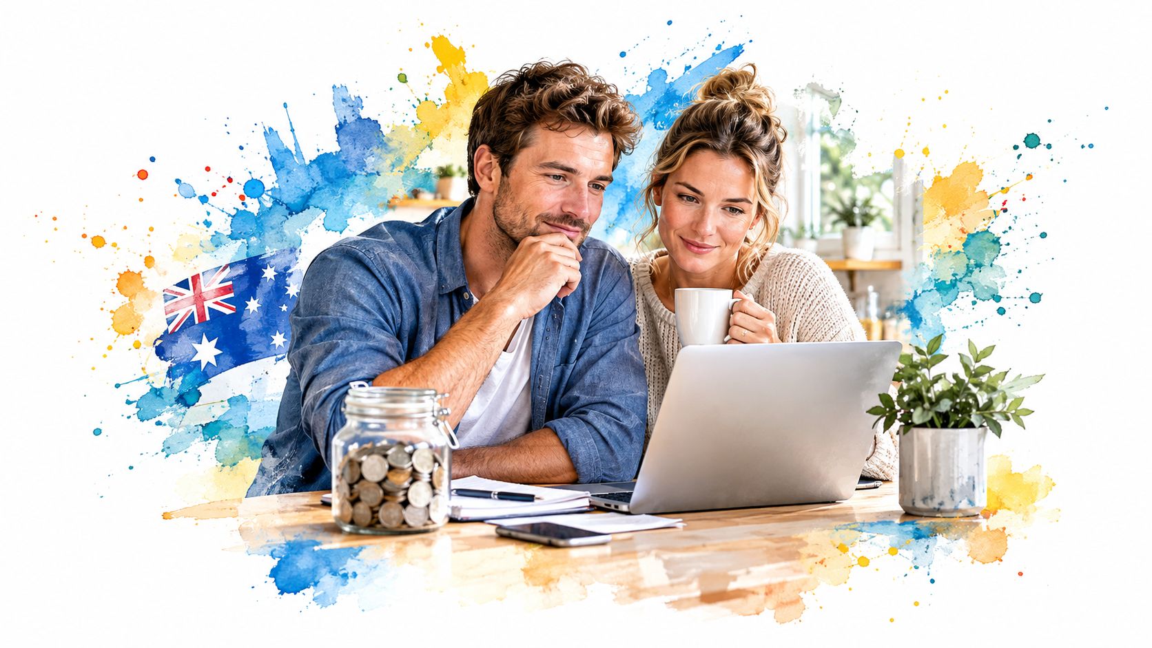 A couple sits at a wooden table reviewing financial information on a laptop with an Australian flag graphic.