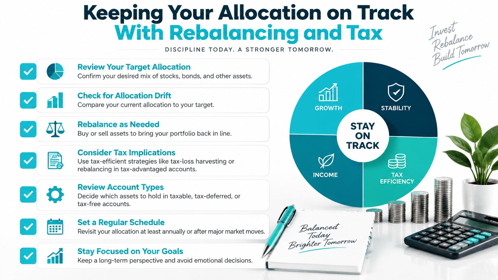 An infographic titled Keeping Your Allocation on Track explaining steps for portfolio rebalancing and tax efficiency.