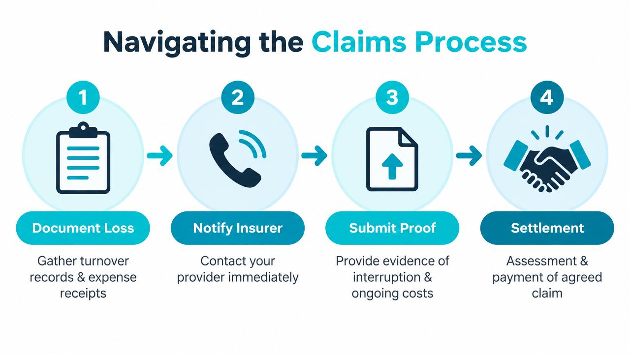 A four-step infographic showing the business interruption insurance claims process, from documenting losses to receiving final settlement.