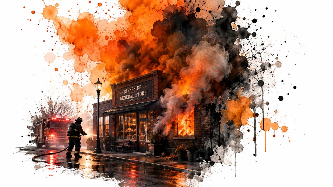 A firefighter sprays water on the burning Riverside General Store during an intense structural fire emergency.