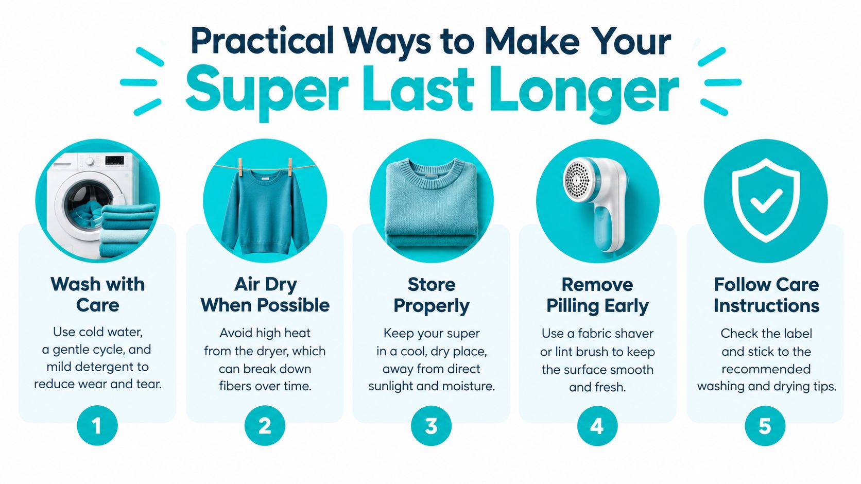 An infographic titled Practical Ways to Make Your Super Last Longer, listing five essential clothing care tips.