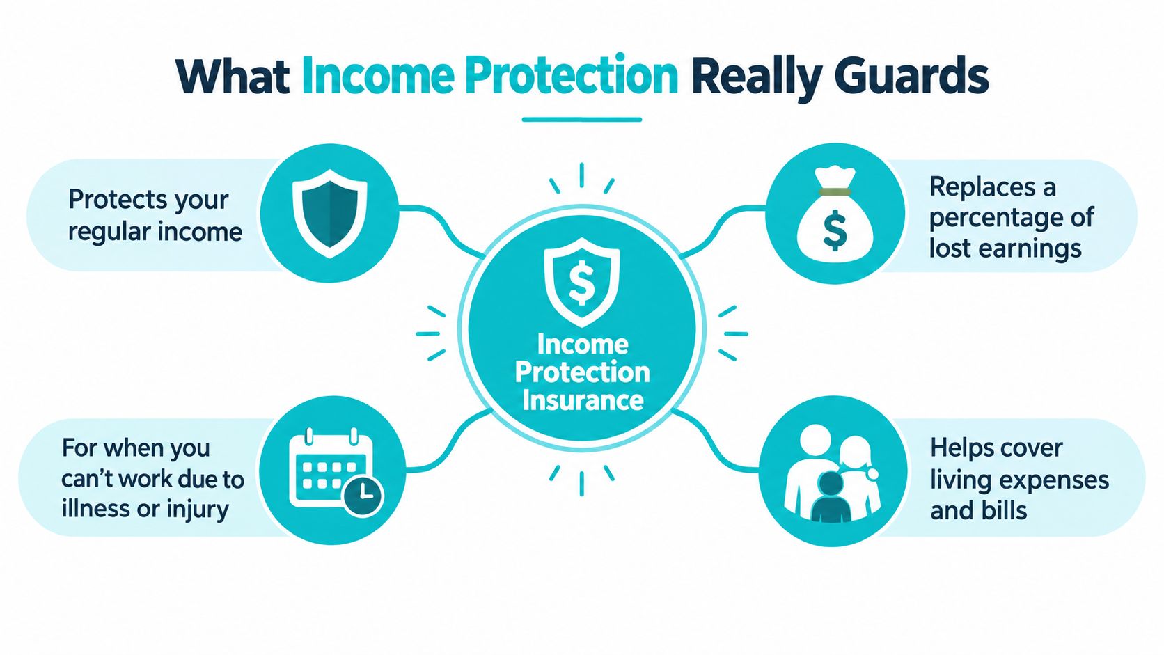 A diagram illustrating the benefits of income protection insurance, showing how it supports individuals and their families.