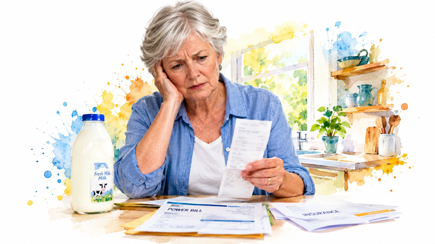 A worried elderly woman sits at a kitchen table looking at financial bills and receipts.