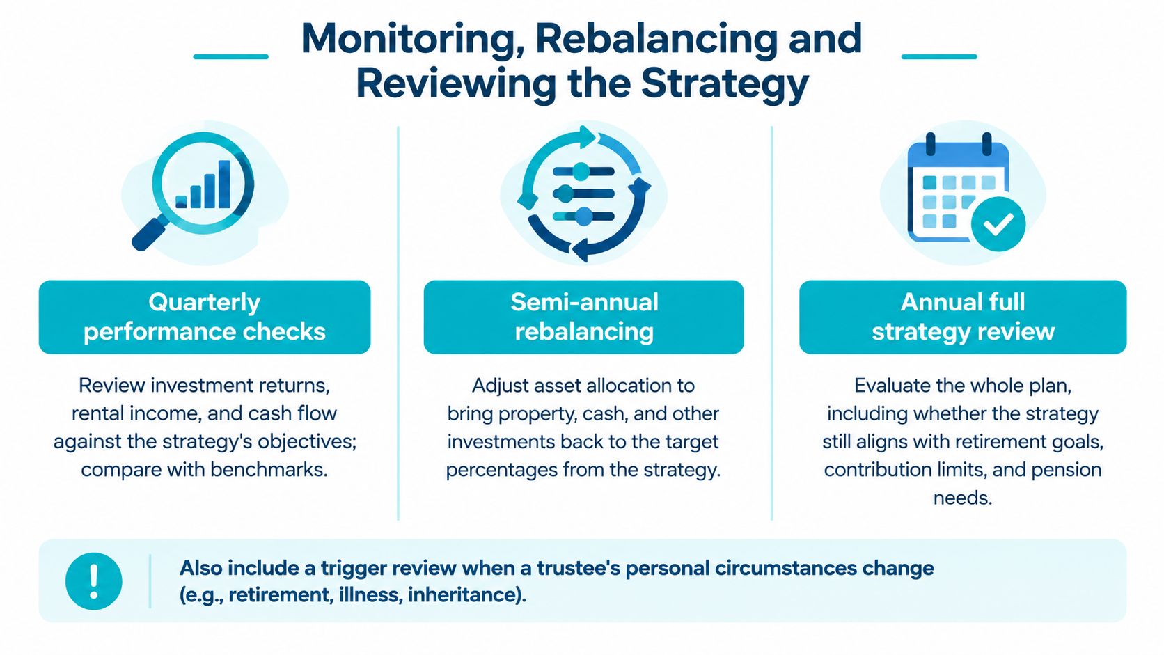 A diagram illustrating the investment strategy process: quarterly checks, semi-annual rebalancing, and an annual full strategy review.
