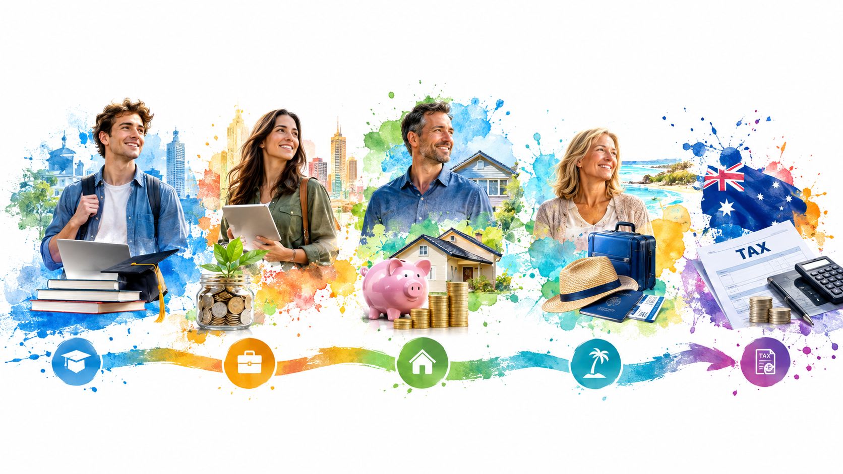 A digital illustration showing life stages from education and career to home ownership, travel, and tax planning.