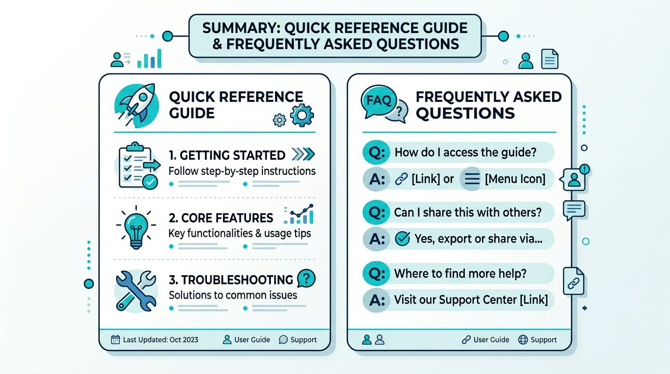 An instructional infographic titled Quick Reference Guide and Frequently Asked Questions about using software features.